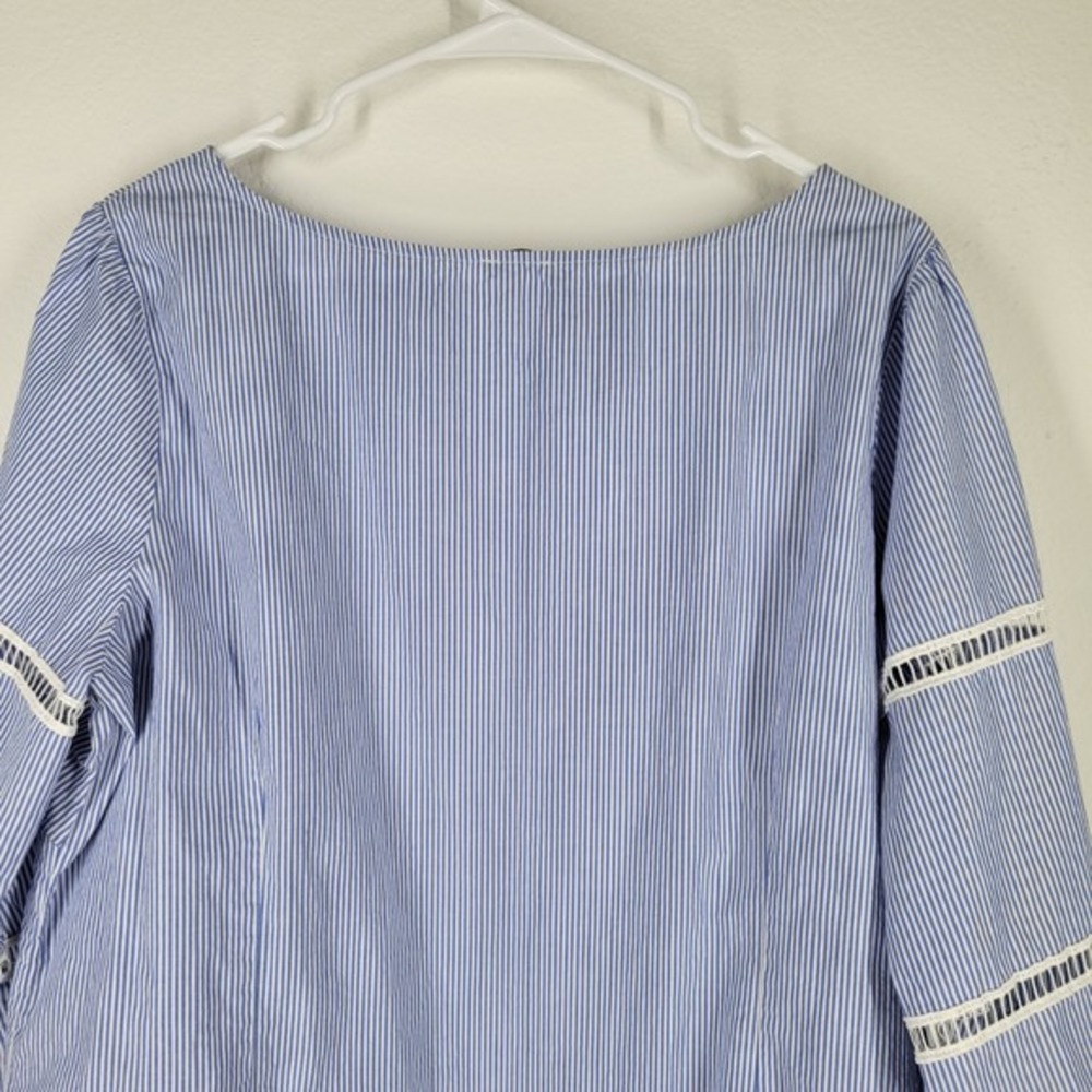 Talbots Plus 1X Blue White Stripe Blouse Top Tie cuffs Boho lace inset - Picture 6 of 8